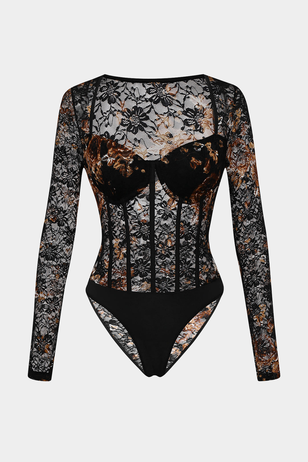 Şeffaf Dantel Korseli Uzun Kollu Bodysuit