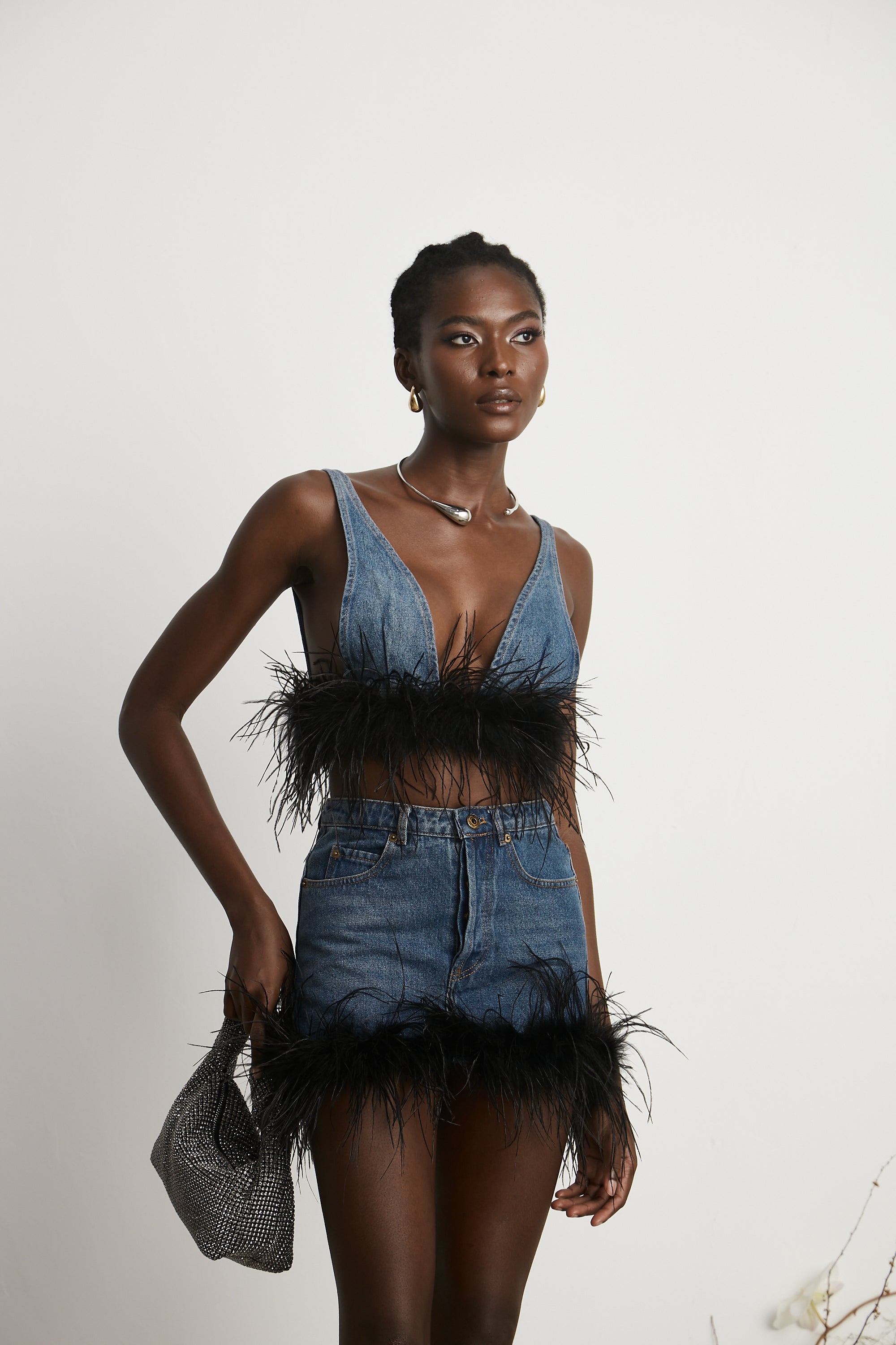 Milia Tüylü Denim Üst Ve Etek Uyumlu Set