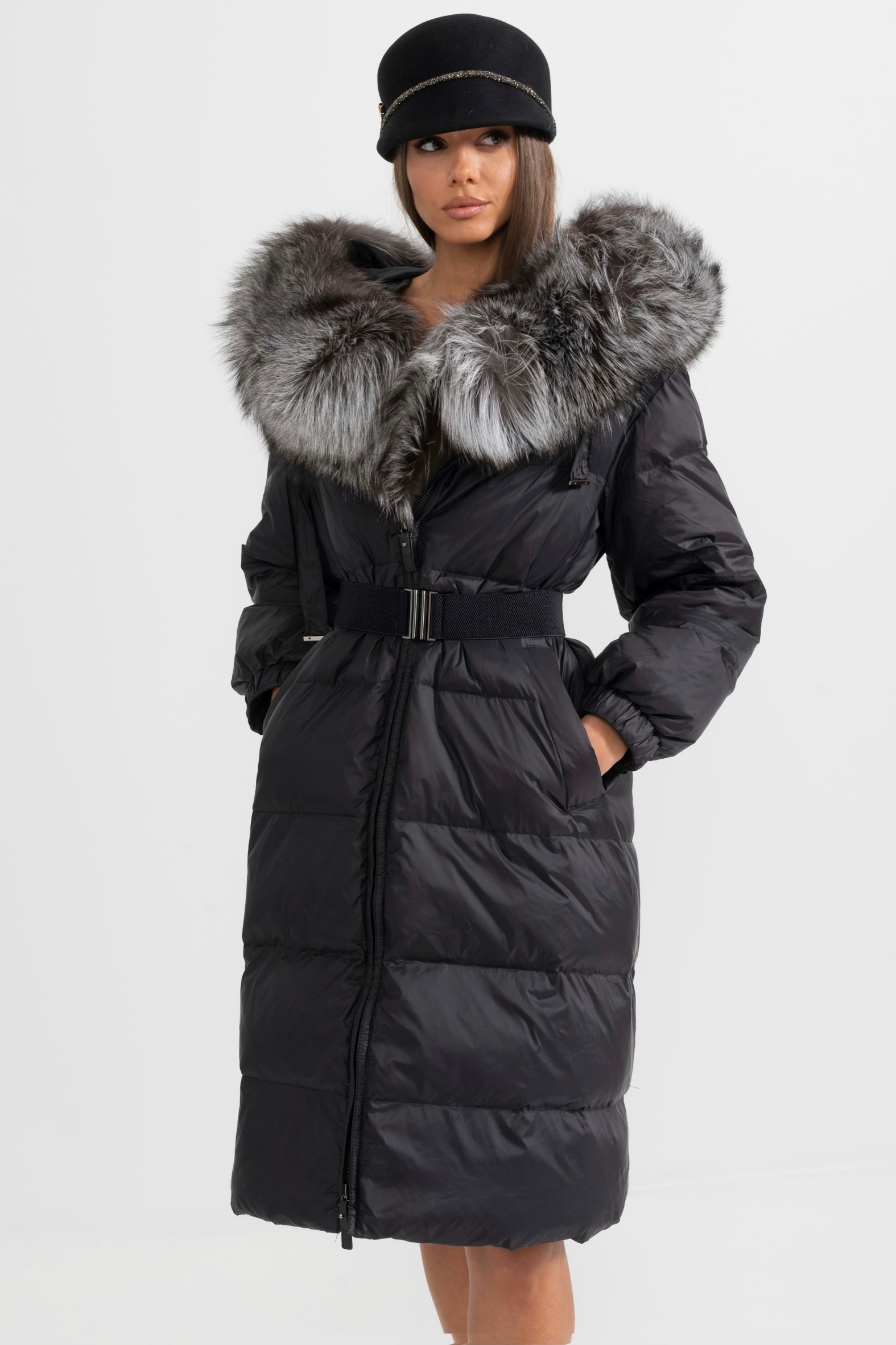 kürk yaka puffer uzun kaban