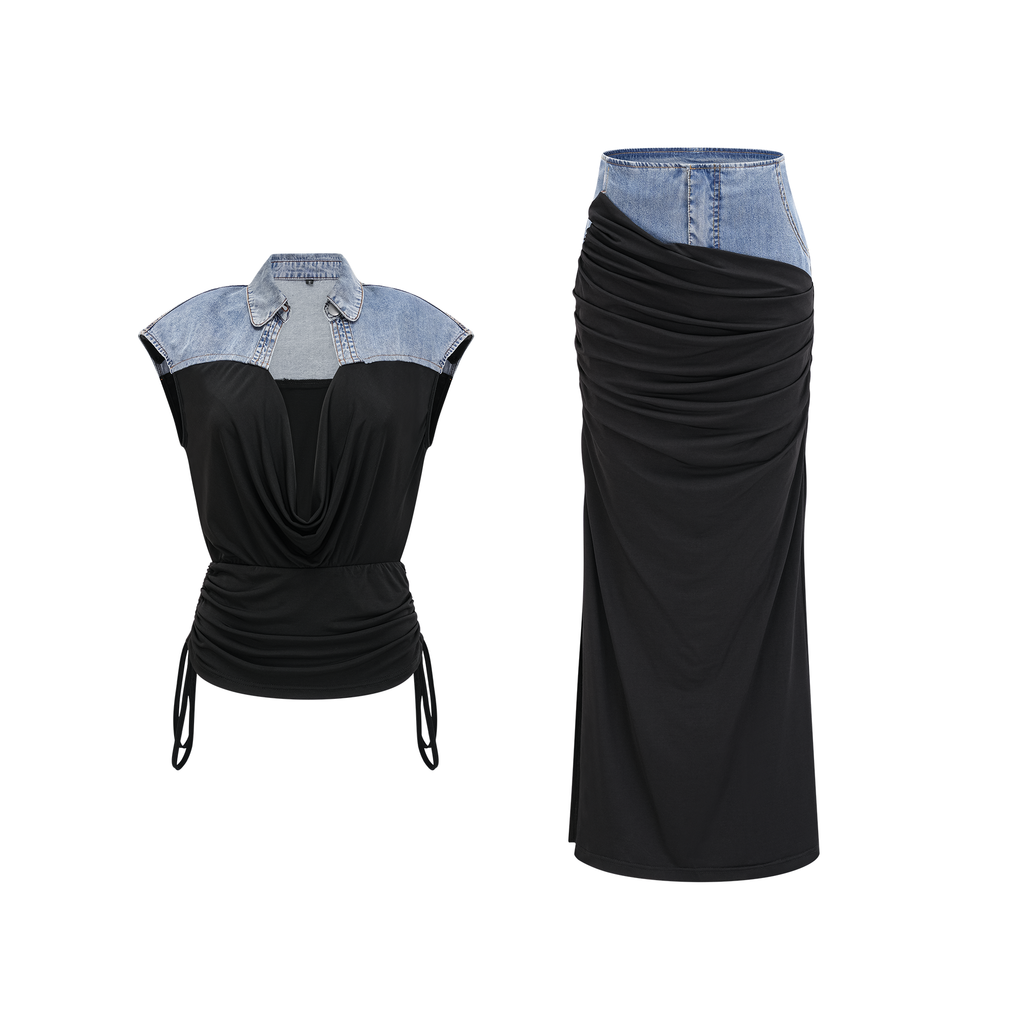 Nala Jarse Panelli Denim Üst Ve Etek Uyumlu Set