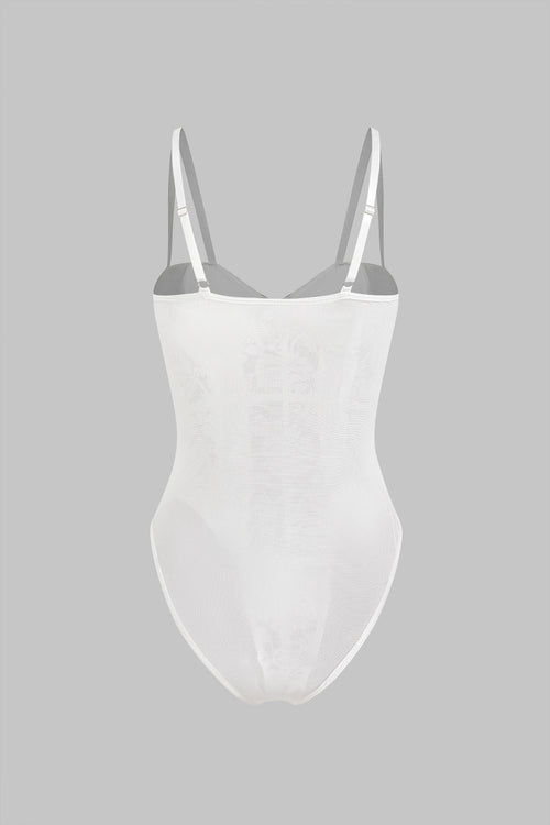 Ağ Mesh Dantel Nakışlı Bustier Korse Slip İç Çamaşırı Bodysuit