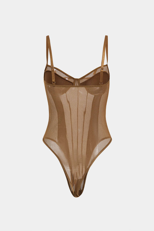 Ağ Detaylı Sırt Açık Şeffaf Patchwork Korseli Askılı Bodysuit