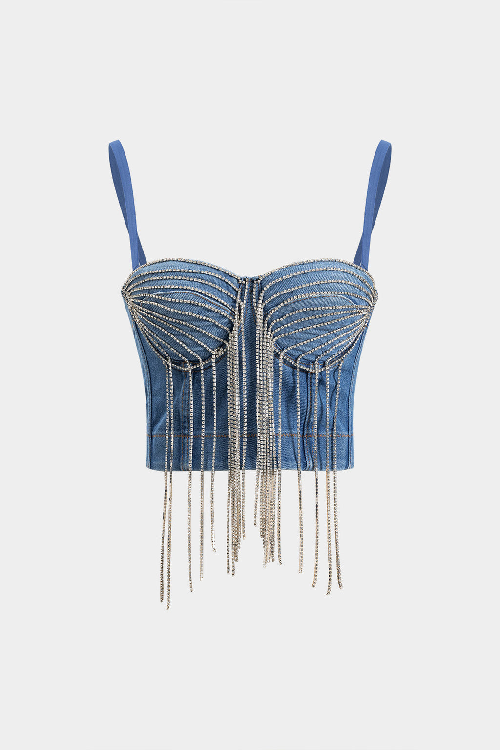 Denim Straz Taşlı Fringeli Büstiyer Sırt Dekolteli Askılı Üst