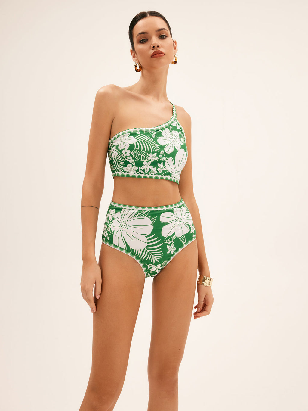Tek Omuzlu Çiçekli Bikini Takımı Yeşil Asimetrik