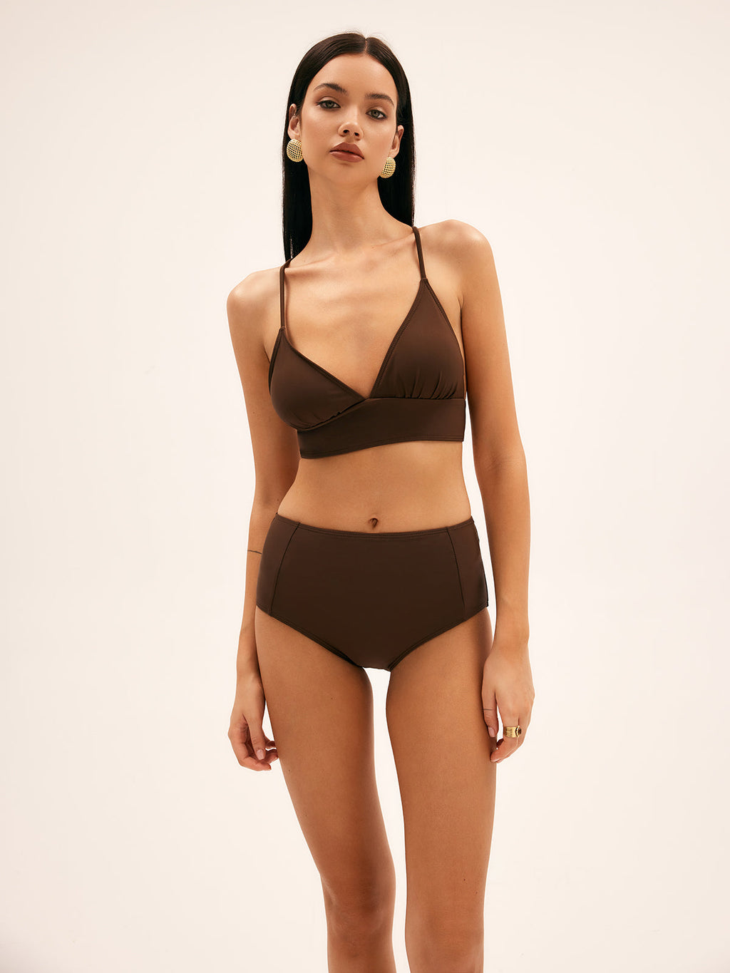 Palmiye Yüksek Bel Bikini Takımı Bağcıklı Kahverengi
