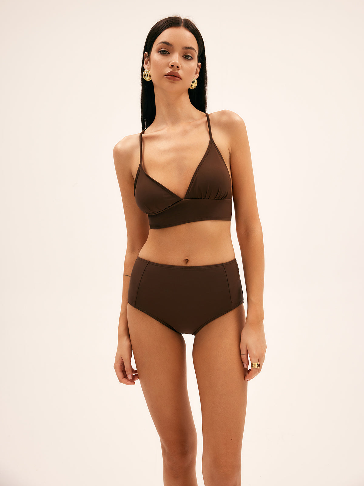 Palmiye Yüksek Bel Bikini Takımı Bağcıklı Kahverengi