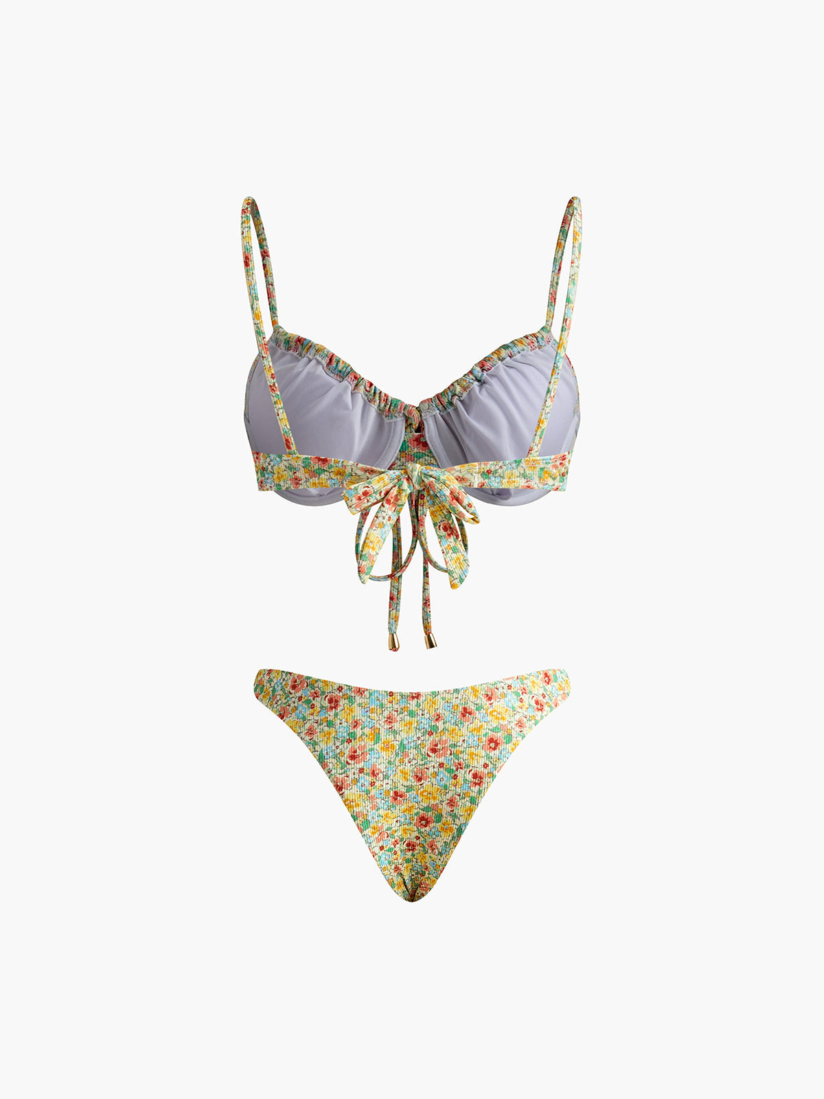 Çiçek Desenli Önden Bağlamalı Bikini Takımı Sarı Yeşil