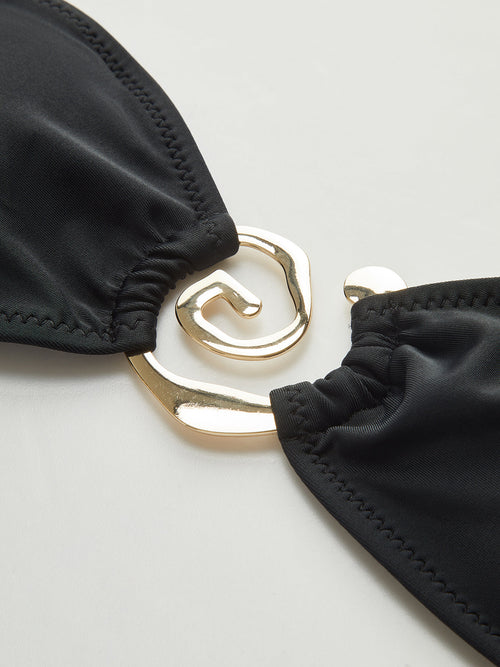 Altın Spiral Bikini Takımı Siyah Metal Detaylı