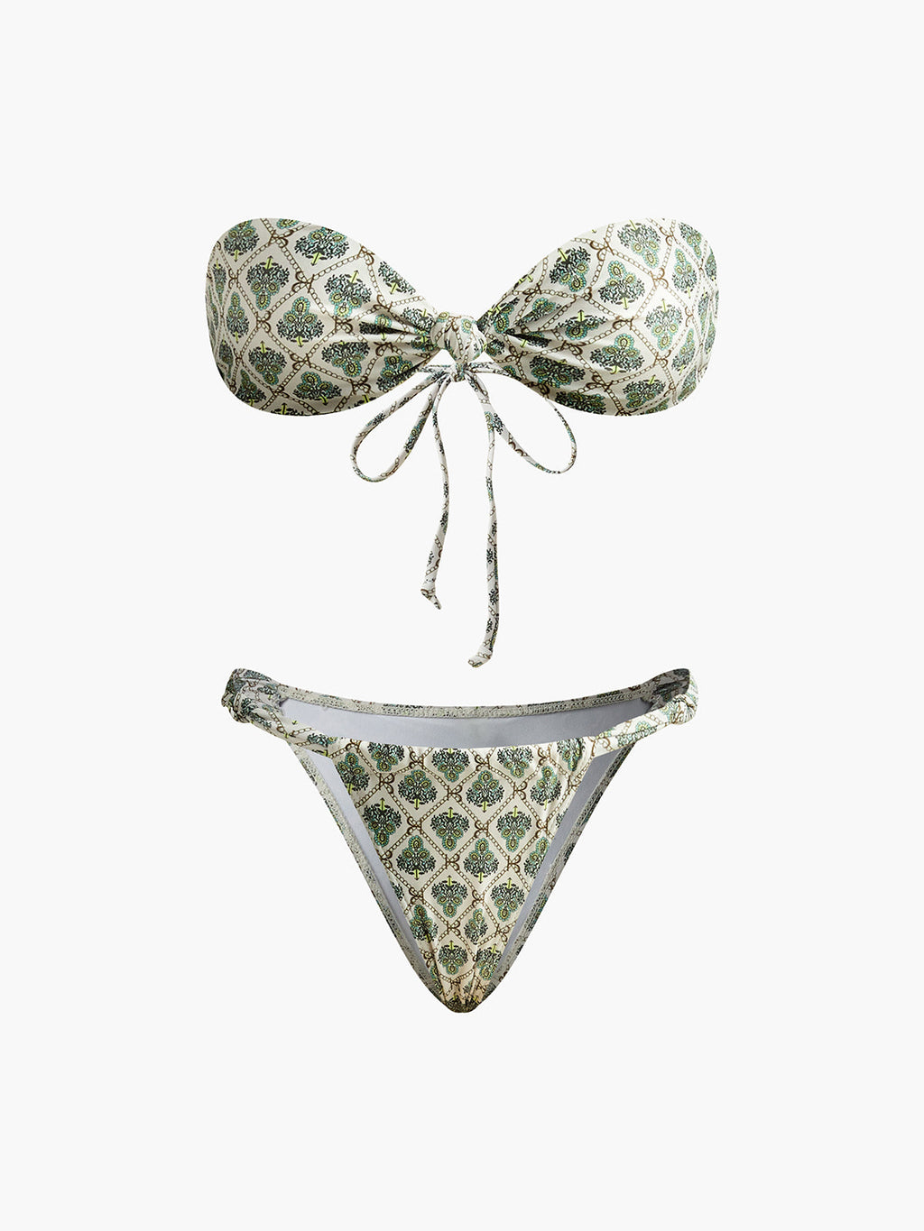 Baskılı Straplez Bikini Takımı Yeşil Ekru Geometrik Desen