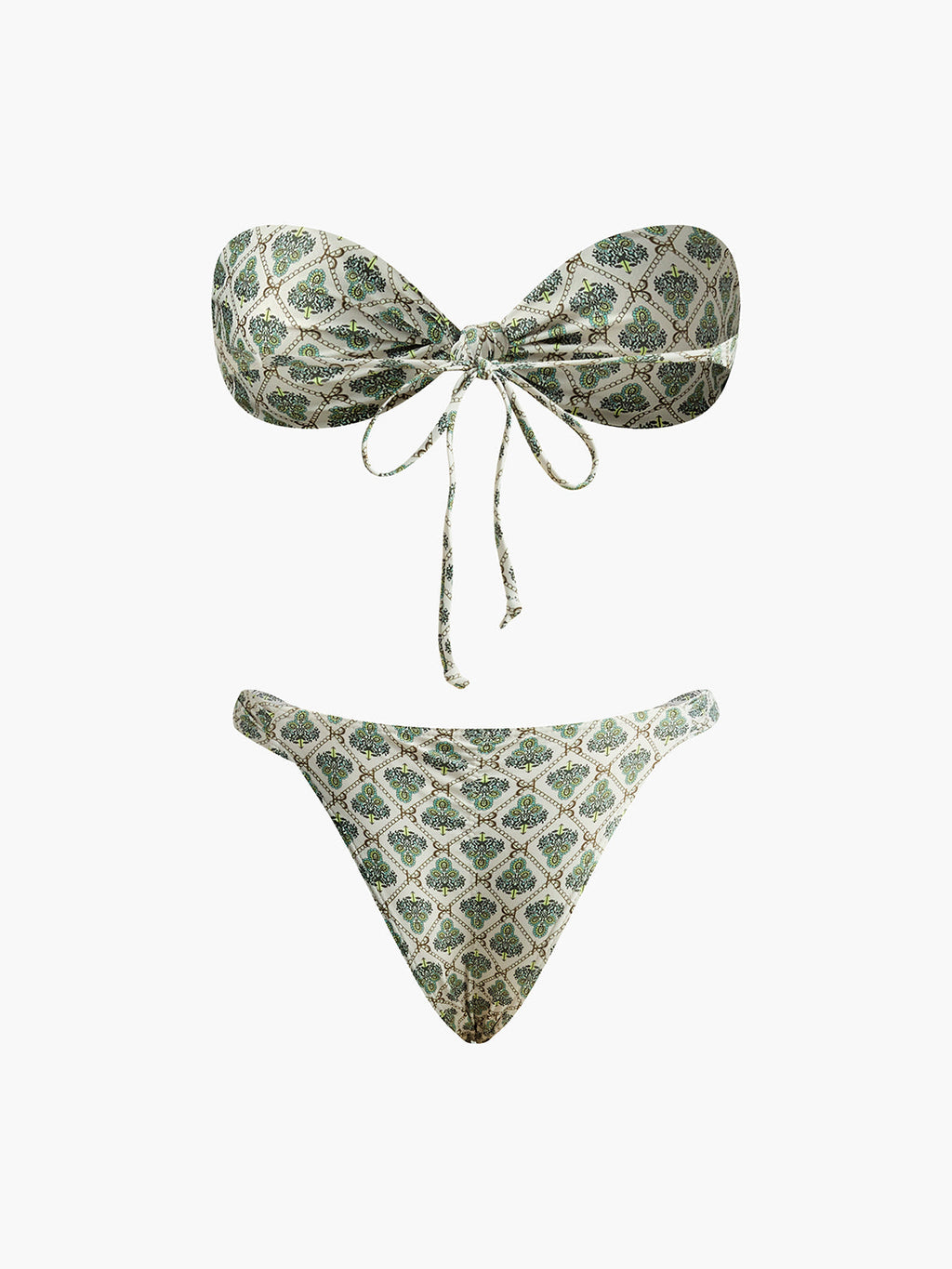 Baskılı Straplez Bikini Takımı Yeşil Ekru Geometrik Desen