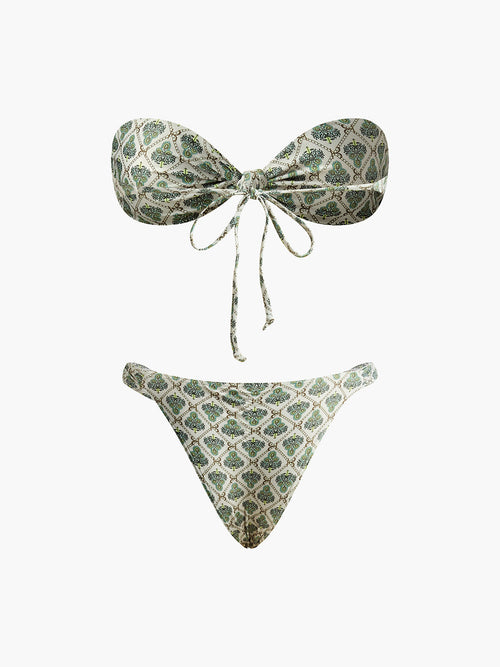Baskılı Straplez Bikini Takımı Yeşil Ekru Geometrik Desen
