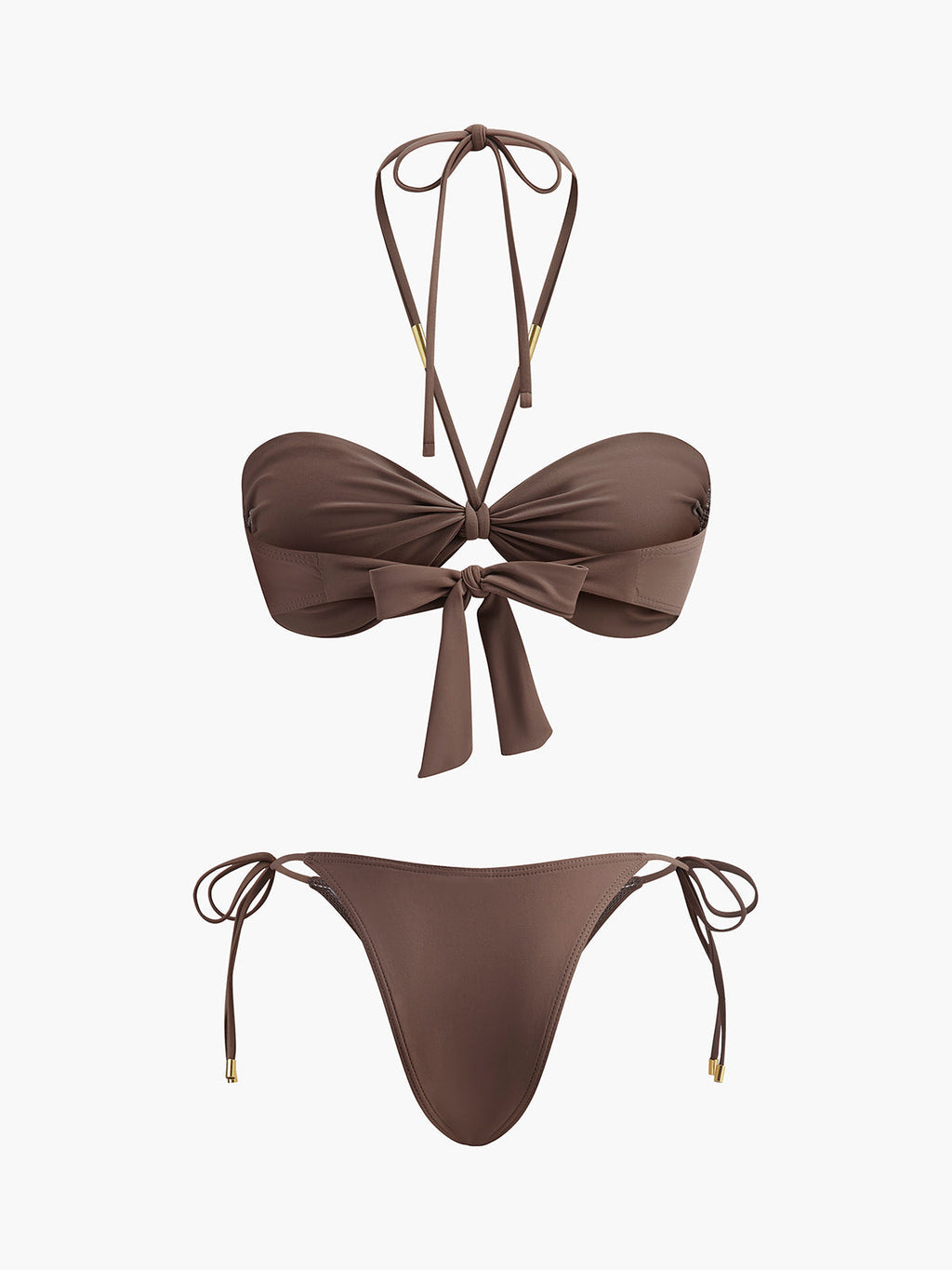 Kravat Detaylı Halter Bikini Seti Kahverengi