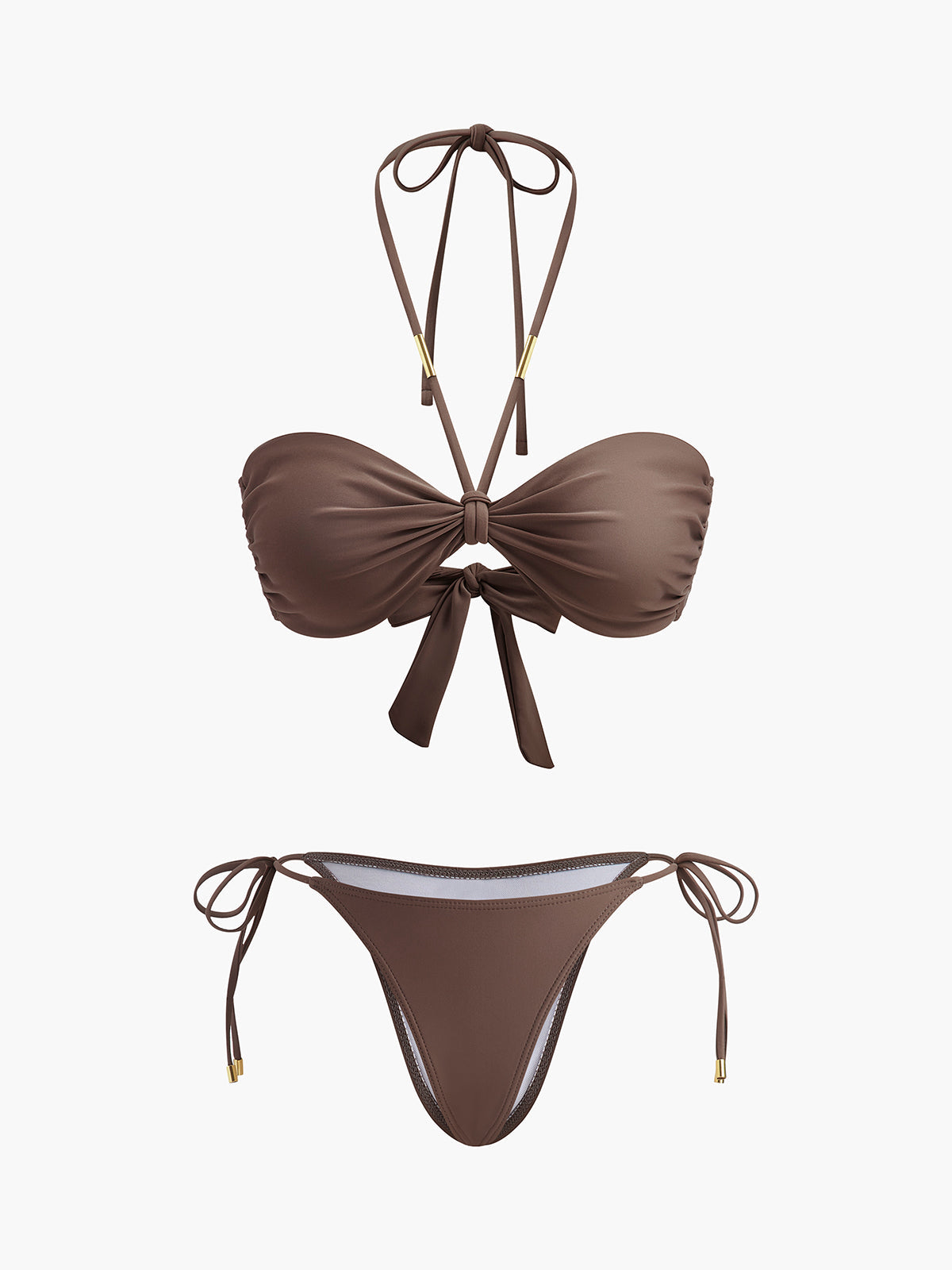 Kravat Detaylı Halter Bikini Seti Kahverengi