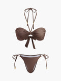 Kravat Detaylı Halter Bikini Seti Kahverengi