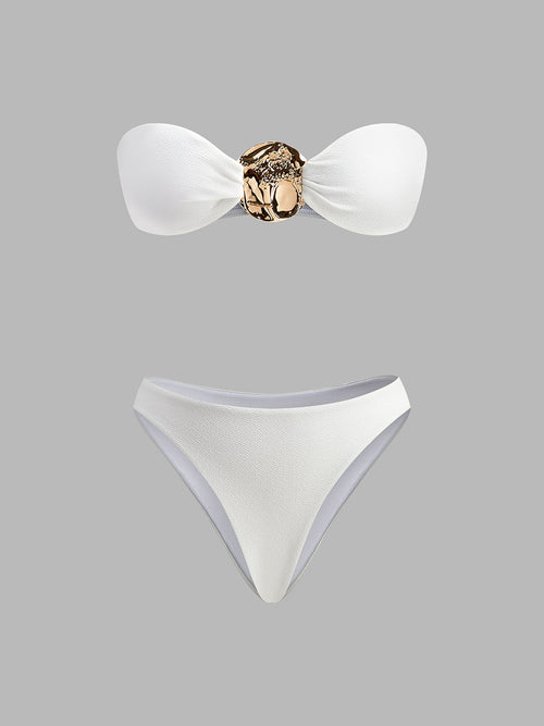 Altın Detaylı Tek Omuz Bikini Beyaz Şık Kapama