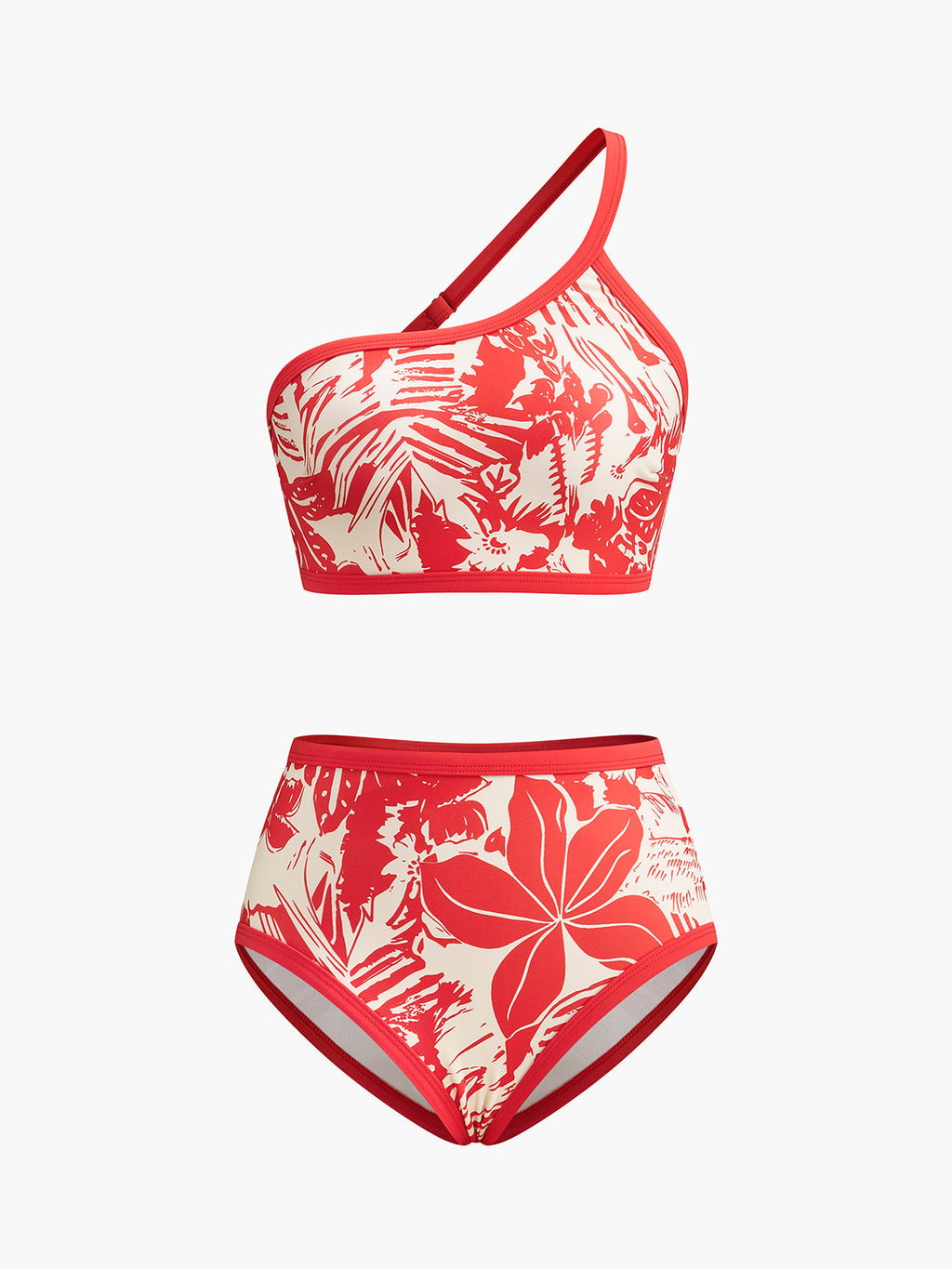 Tropikal Cennet Tek Omuzlu Bikini Takımı Kırmızı Çiçekli