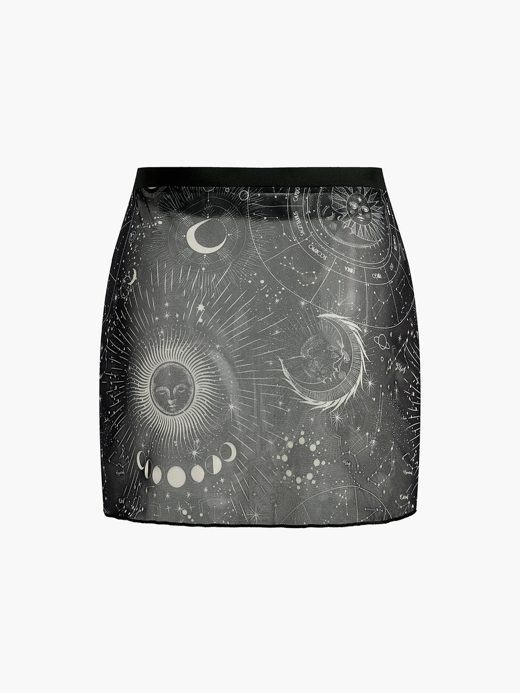 Astroloji Baskılı Mini Etek Siyah Mesh Detaylı