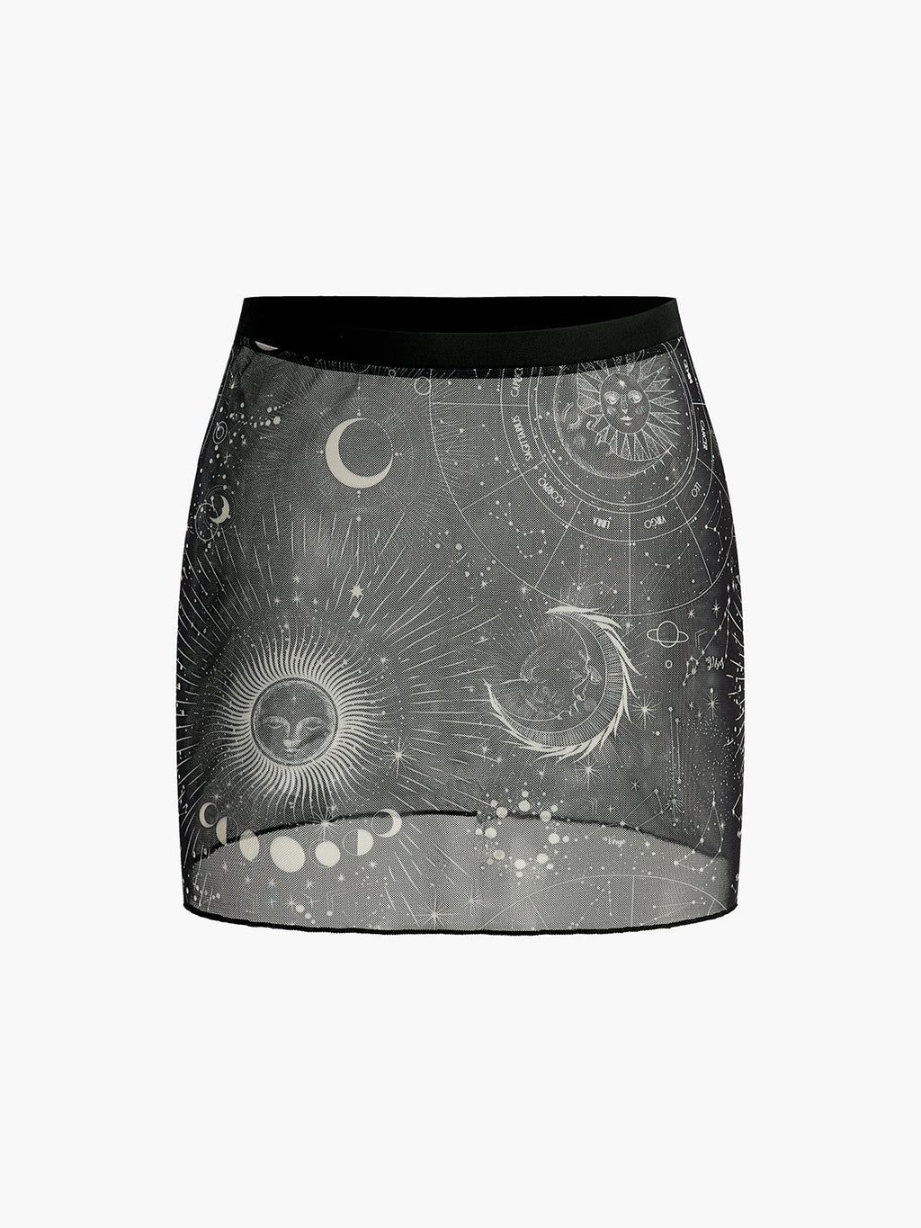 Astroloji Baskılı Mini Etek Siyah Mesh Detaylı