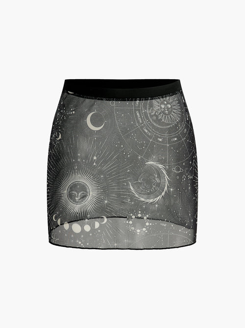 Astroloji Baskılı Mini Etek Siyah Mesh Detaylı