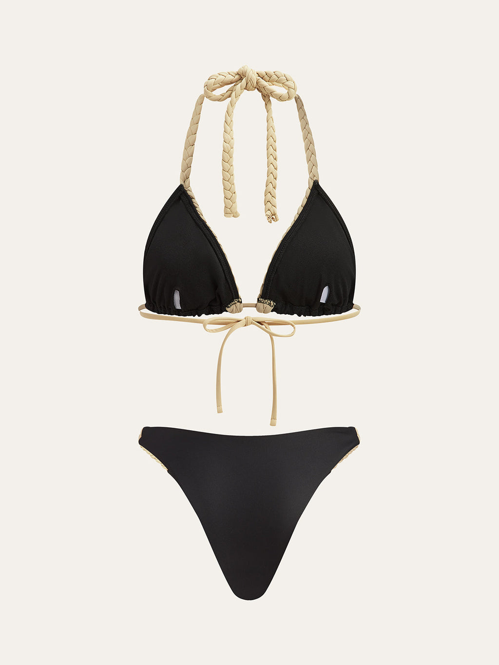 Örgülü Askılı Bikini Takımı Siyah Kontrast Biyeli