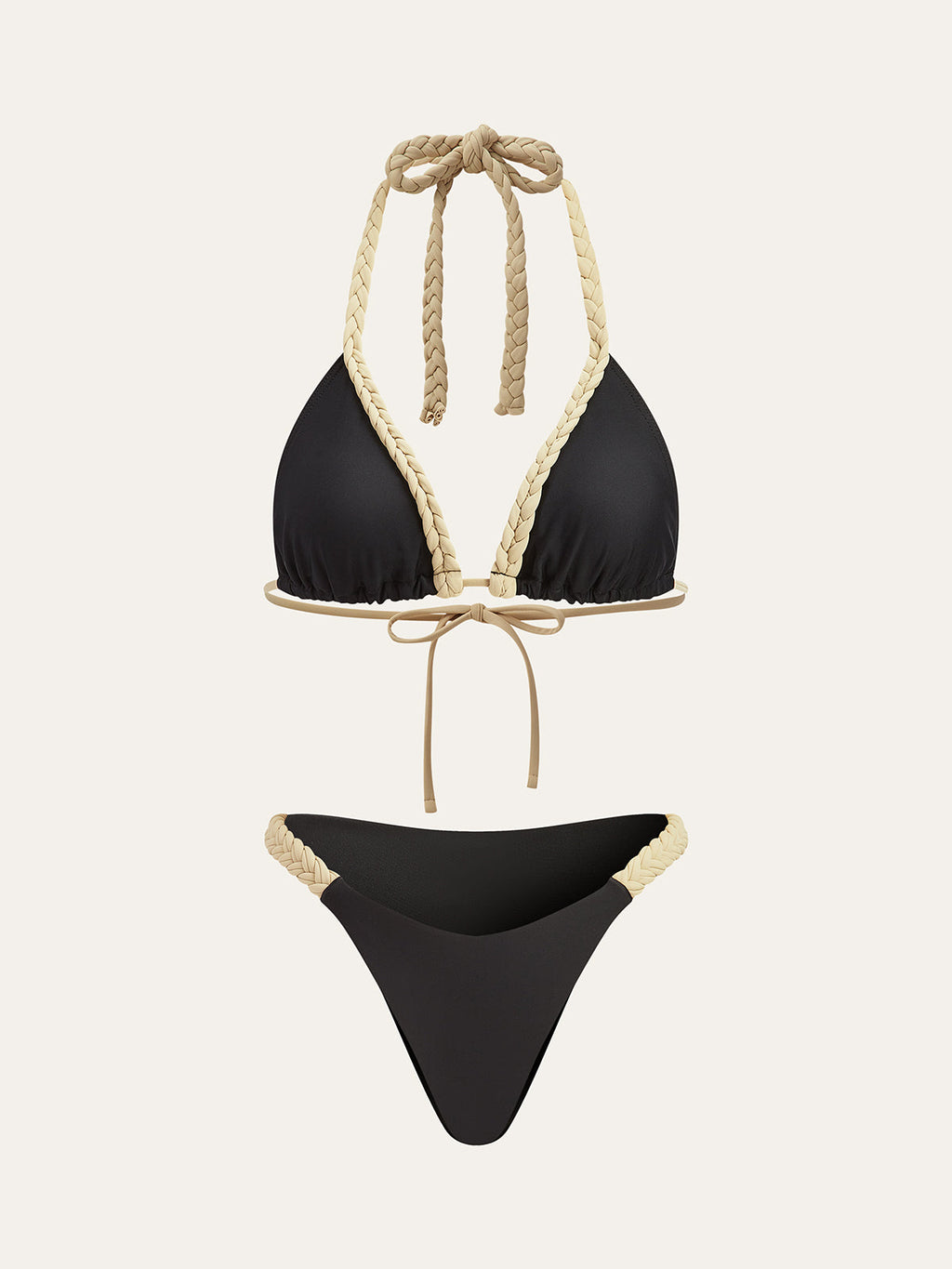 Örgülü Askılı Bikini Takımı Siyah Kontrast Biyeli