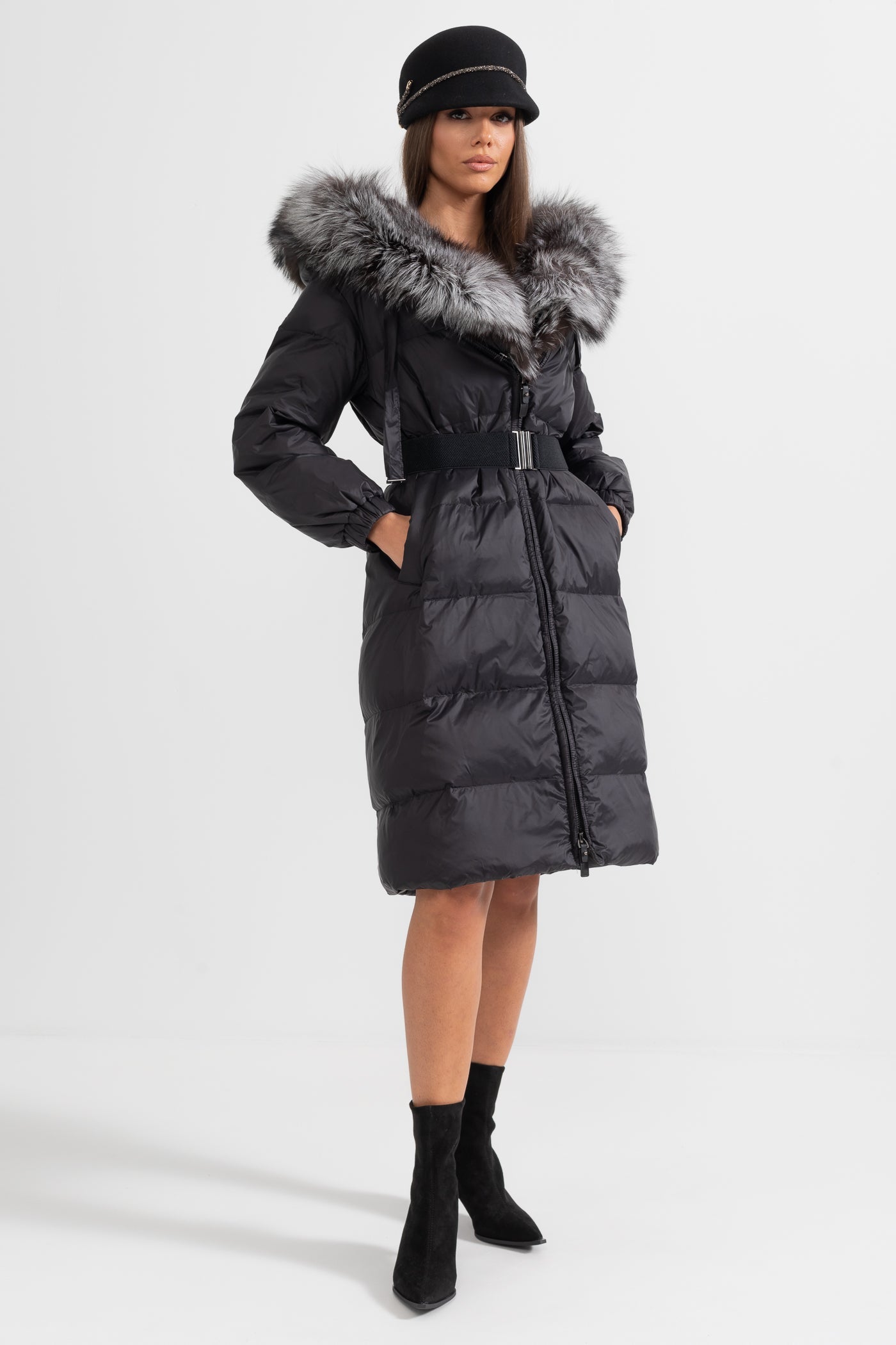 kürk yaka puffer uzun kaban