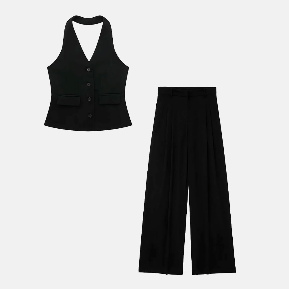 Halter Yaka Yelek ve Pantolon Takımı