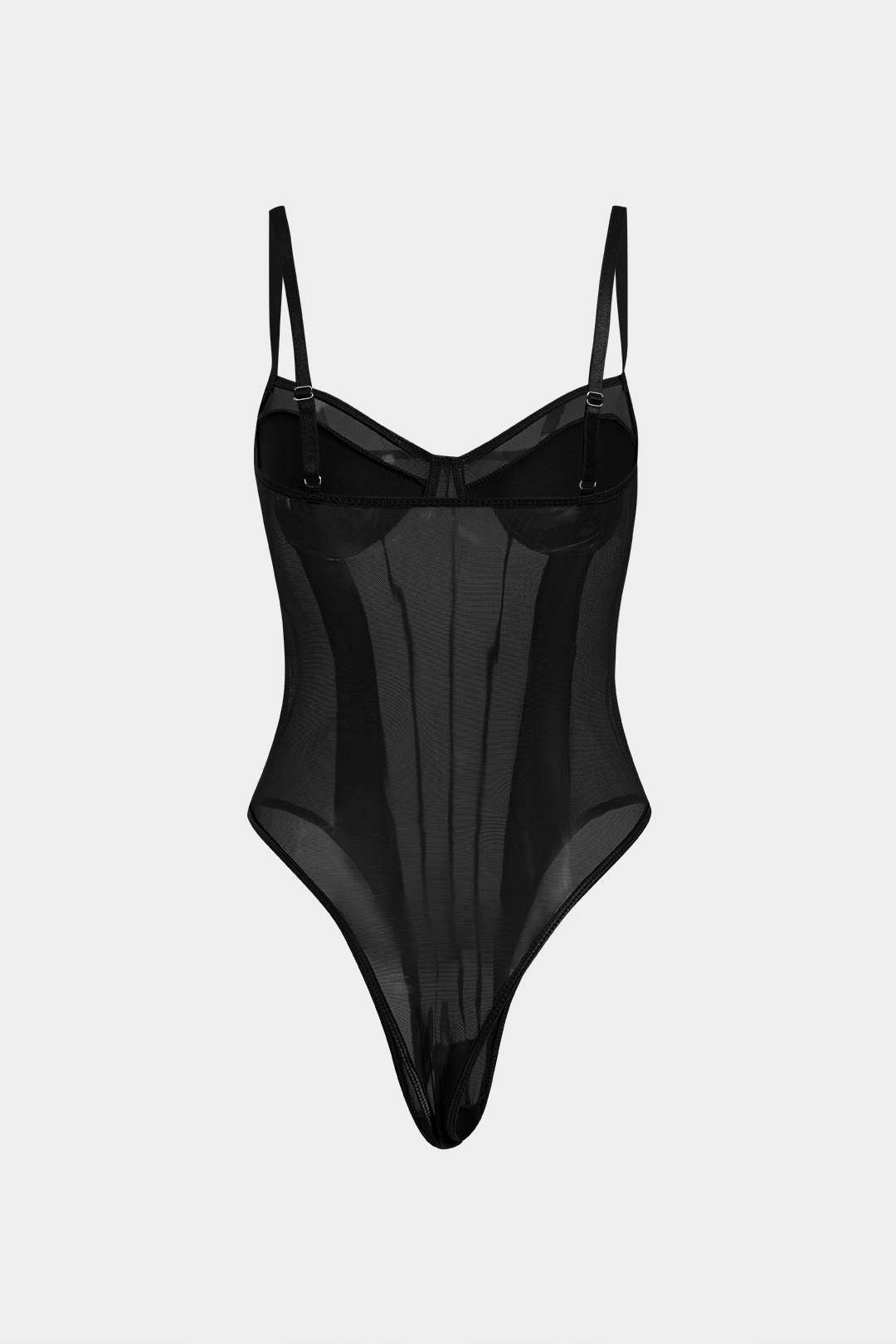 Ağ Detaylı Sırt Açık Şeffaf Patchwork Korseli Askılı Bodysuit